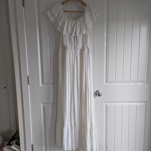 White Off-Shoulder Ruffle Maxi Dress | Elastic Waist & Tiered Hem - Picture 4 of 9